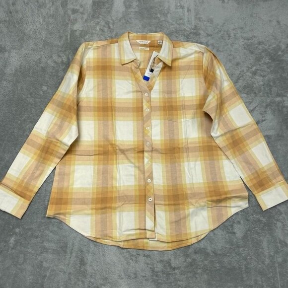 Weatherproof Vintage Women’s Comfort Stretch Yellow Plaid Shirt Large d0504 - Picture 1 of 9